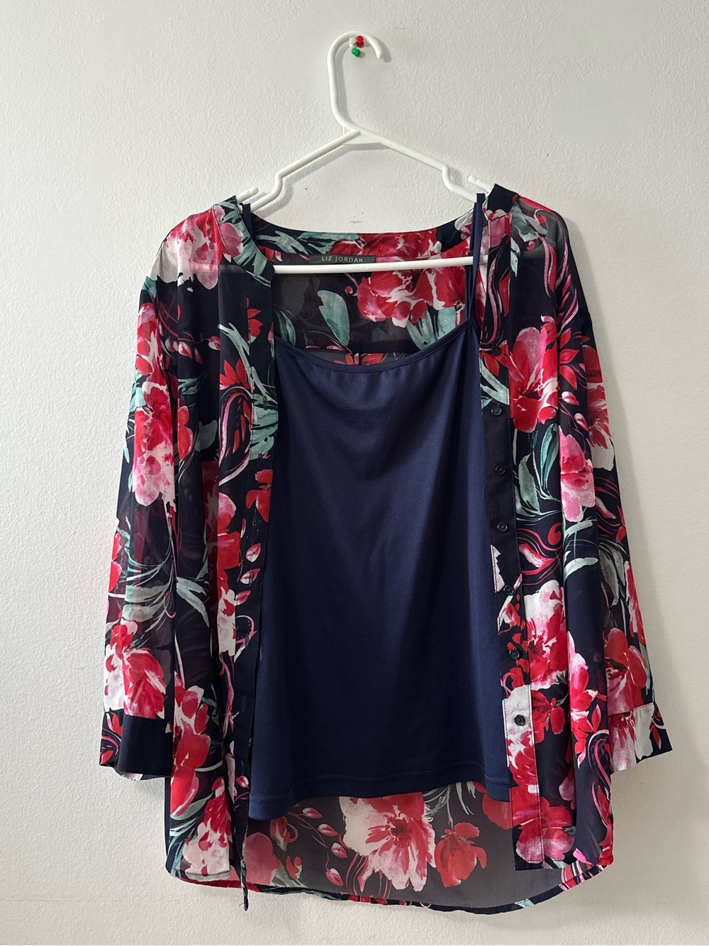 Navy Tank set with Floral Sheer Open Cardigan - Navy & Pink Floral